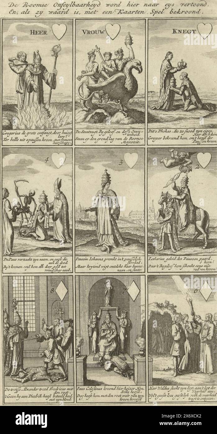 Nine cards with cartoons on Roman Infallibility, 1724, The Roman Infallibility is shown here according to eys, And, if it is worth it, awarded a Card Game (title on object), Cartoons on Roman Infallibility in the form of a card game, 1724. Nine cards referring to the Bull or Constitution Unigenitus of Pope Clement XI regarding the infallibility of the Pope and against the ideas of the Jansenists and Quesnel. Each card with a caption in Dutch., print, print maker: anonymous, Northern Netherlands, 1724, paper, etching, height, 270 mm × width, 151 mm Stock Photo
