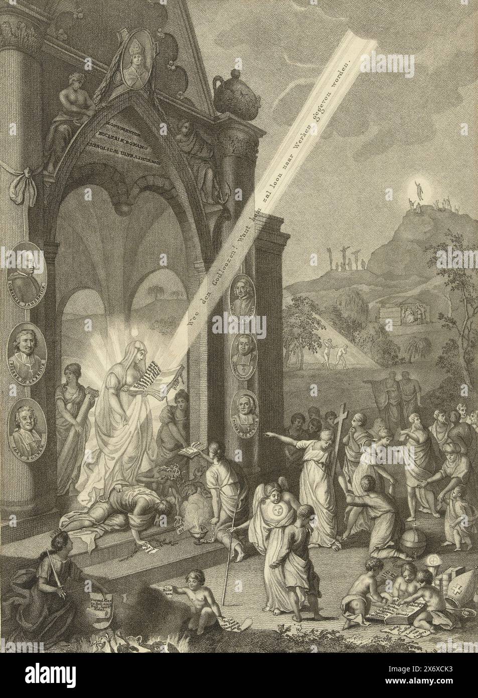 Allegory in honor of the Jansenists, 1724, Allegory in honor of the Jansenists and Quesnel. On the left the monument of the Roman Catholic Church of Utrecht, decorated with six portraits of Jansenists, in the opening is the Religion illuminated by a ray of divine light. In the foreground the tearing and burning of papal bulls., print, print maker: anonymous, Northern Netherlands, 1724, paper, etching, height, 362 mm × width, 265 mm Stock Photo