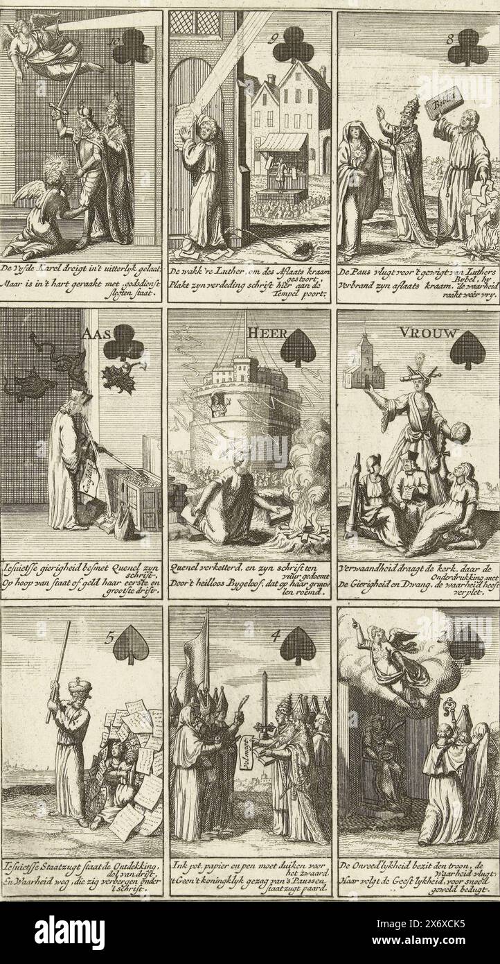 Nine cards with cartoons on Roman Infallibility, 1724, Cartoons on Roman Infallibility in the form of a card game, 1724. Nine cards that refer to the Bull or Constitution Unigenitus of Pope Clement XI regarding the infallibility of the Pope and against the ideas of the Jansenists and Quesnel. Each card with a caption in Dutch., print, print maker: anonymous, Northern Netherlands, 1724, paper, etching, height, 265 mm × width, 144 mm Stock Photo
