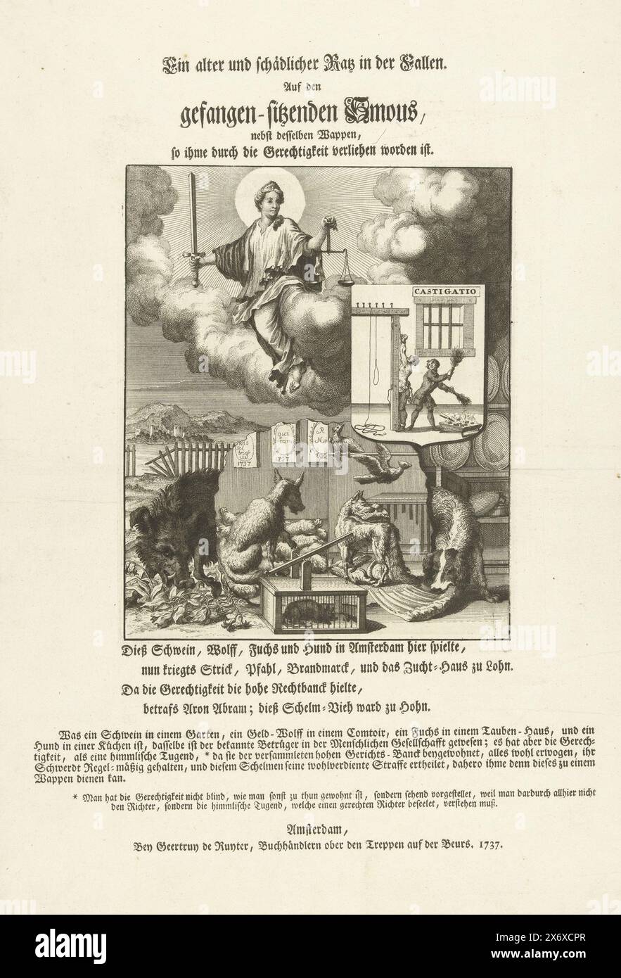 Allegory on the trial of the Jew Aron Abrams, 1737, Ein alter und schädlicher Ratz in der Fallen. After the inmates sitzenden Smous, nebst desselben Wappen, so ihme durch die Gerechtigkeit verliehen zijnt (title on object), The Amsterdam Jewish impostor Aron Abrams or Abrahams is flogged and branded. In the clouds Justice with sword and scales but without blindfold. Among four animals that symbolize 'the bad Jew': a rooting boar, a wolf in a bank vault, a fox in a dovecote and a dog in the kitchen. The rat in the trap represents Abrahams himself who is now imprisoned. Below the image a verse Stock Photo