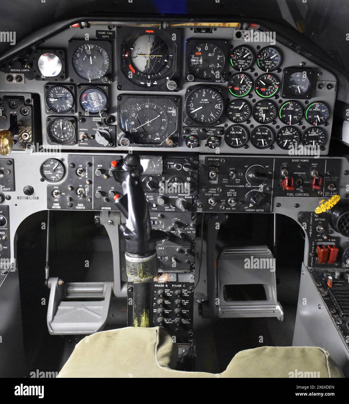 The cockpit of a U.S. Air Force T-38 Talon. The Talon is a two-seat, twin-engine supersonic jet trainer. Stock Photo