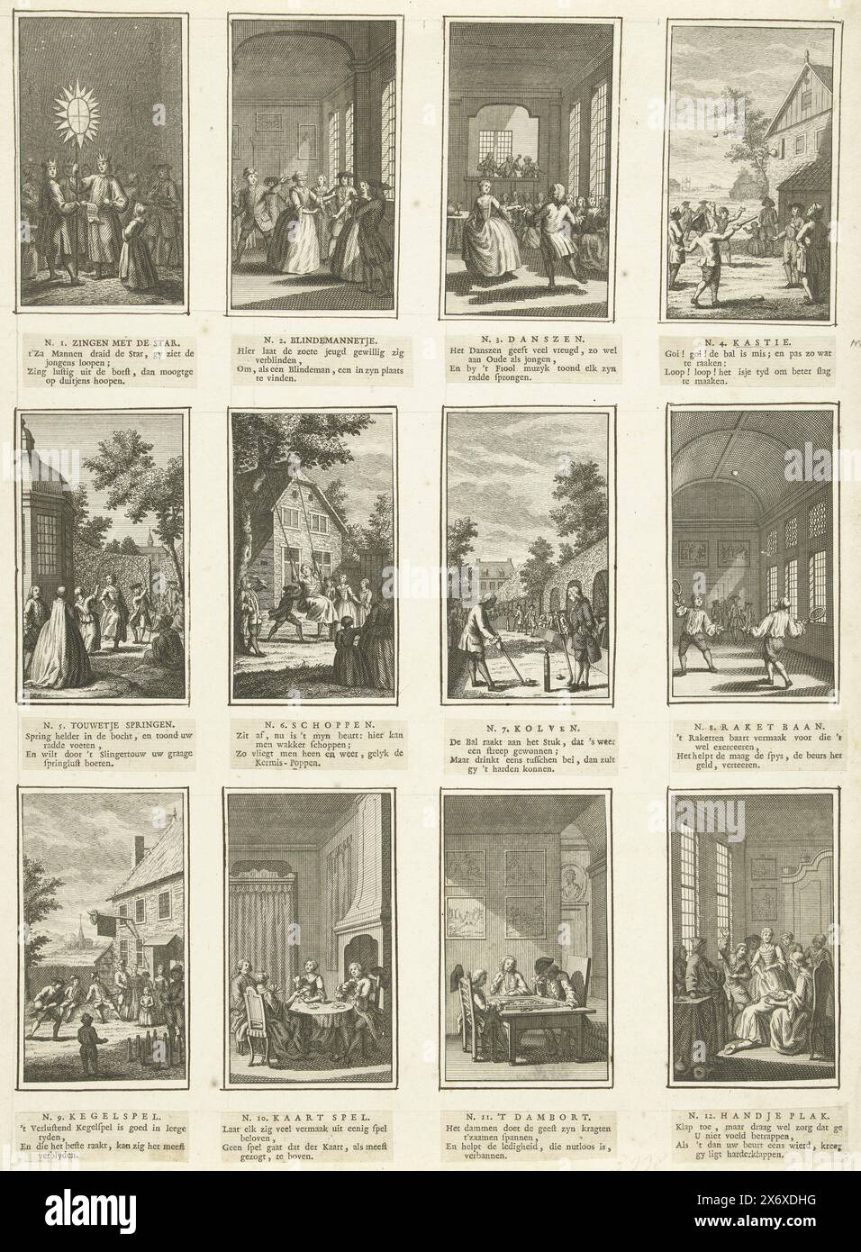 Twelve Dutch plays, ca. 1750, Sheet on which twelve cut-out pictures with corresponding number, title and four-line verse are pasted. Each performance shows a specific game for children and adults, ca. 1750. N. 1. Singing with the star; N. 2. Blind man; N. 3. Dancing; N. 4. Kastie; N. 5. Jump rope; N. 6. To kick [u003d to swing]; N. 7. Flasks; N. 8. Rocket track [u003d type of badminton]; N. 9. Skittles; N. 10. Card game; N. 11. 't Dambort; N. 12. Hand of paste., print, print maker: Jan Caspar Philips, (attributed to), Northern Netherlands, 1740 - 1760, paper, etching, height, 358 mm × width, Stock Photo