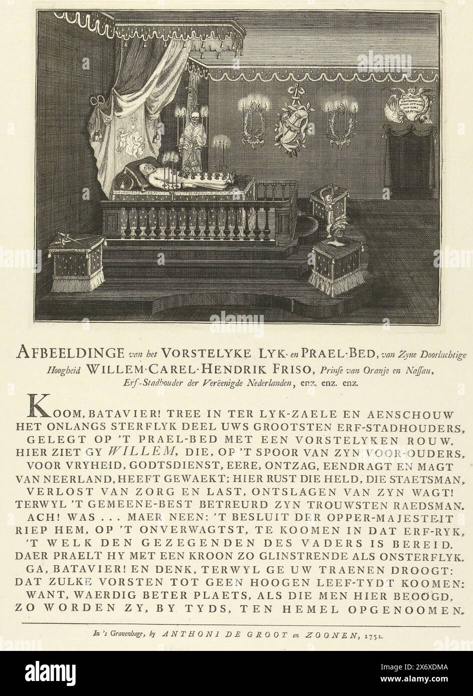 Grand bed of Prince Willem IV, 1751, Image of the Vorstelyke Lyk and Prael Bed, of His Serene Highness Willem-Carel-Hendrik Friso, Princess of Orange and Nassau (...) (title on object), Funeral room with the grand bed of Prince William IV, who died on October 22, and where he lay in state during the months of November and December of the year 1751. There is a verse on the sheet under the plate., print, print maker: anonymous, publisher: Anthoni de Groot & Zoonen, (mentioned on object), print maker: Northern Netherlands, publisher: The Hague, 1751, paper, etching, engraving, letterpress printin Stock Photo