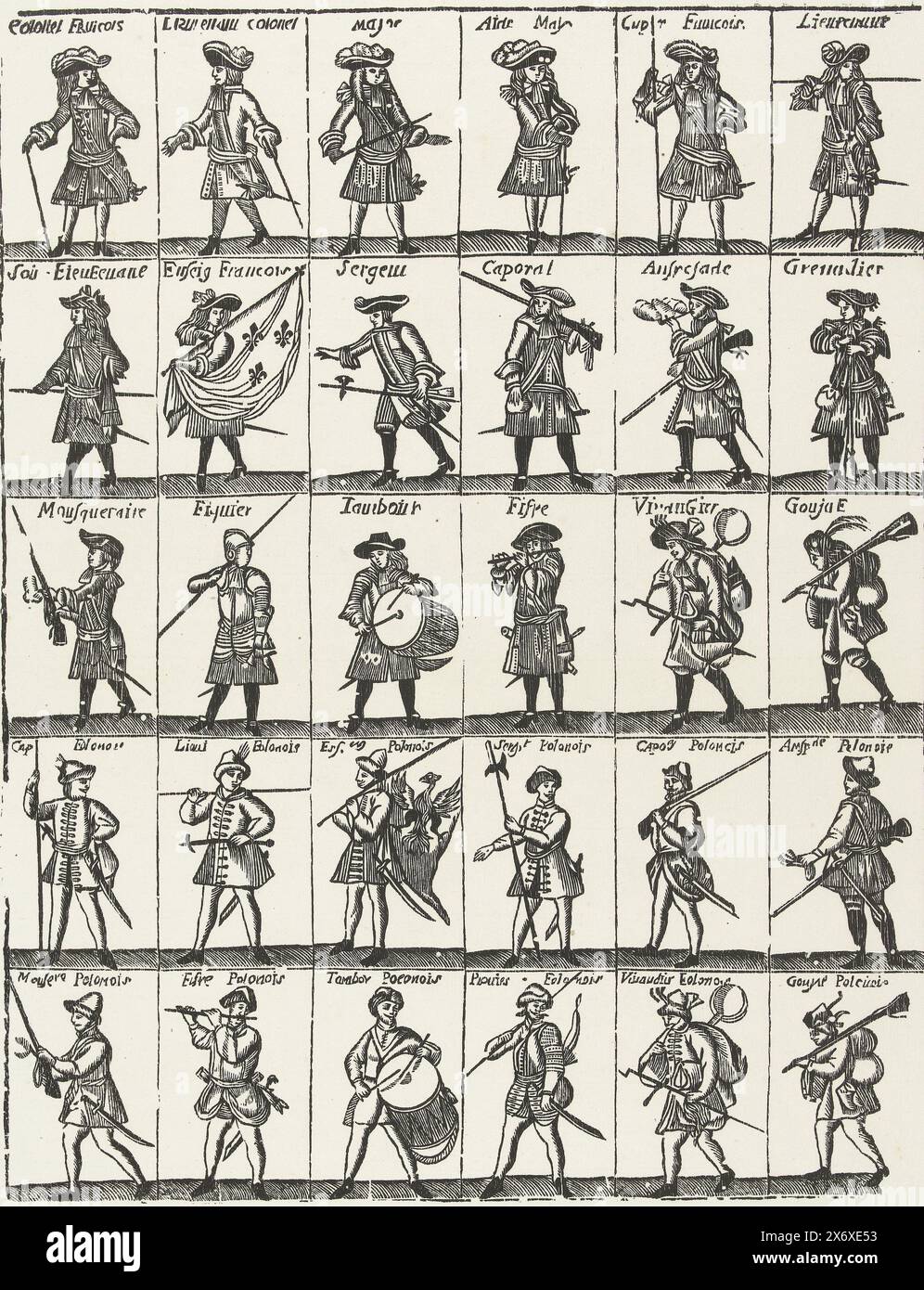 Military, Sheet with 30 representations of French and Polish soldiers. Each picture with the name in French., print, printer: van der Haeghen, print maker: anonymous, printer: Ghent, print maker: Southern Netherlands, 1700 - 1725 and/or 1860 - 1865, paper, height, 447 mm × width, 363 mm Stock Photo