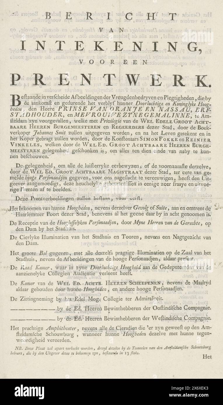 Notice of subscription for the print series of the catching up of the prince and princess in Amsterdam, 1768, Notice of Subscription for a Printwork (title on object), Text sheet with a notice of subscription by the publisher Johannes Smit for the print series of the catching up of the stadtholder William V and Princess Wilhelmina of Prussia in Amsterdam, May 30 - June 4, 1768. Sheet printed on both sides with a description of the thirteen moments presented in the print series. With prices and sizes and with a list of publishers in various cities where registration is possible from June 1 Stock Photo