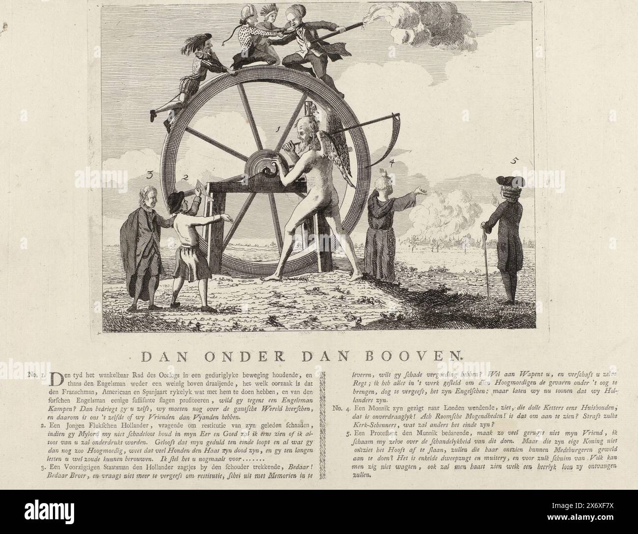 Cartoon with the British problems on the Wheel of Time ca. 1780, Dan Onder dan Booven (title on object), Cartoon on the British problems at home and abroad, ca. 1780. De Tijd turns on the Wheel of Fortune where at the top England is fighting with America and France. A Dutchman wants restitution for damage suffered, but is urged to calm down by the Statesman. A monk laments the so-called Gordon Riots in London in the background. On the sheet below the plate an explanation of the numbers 1-5., print, print maker: anonymous, Northern Netherlands, 1780, paper, etching, engraving, letterpress Stock Photo