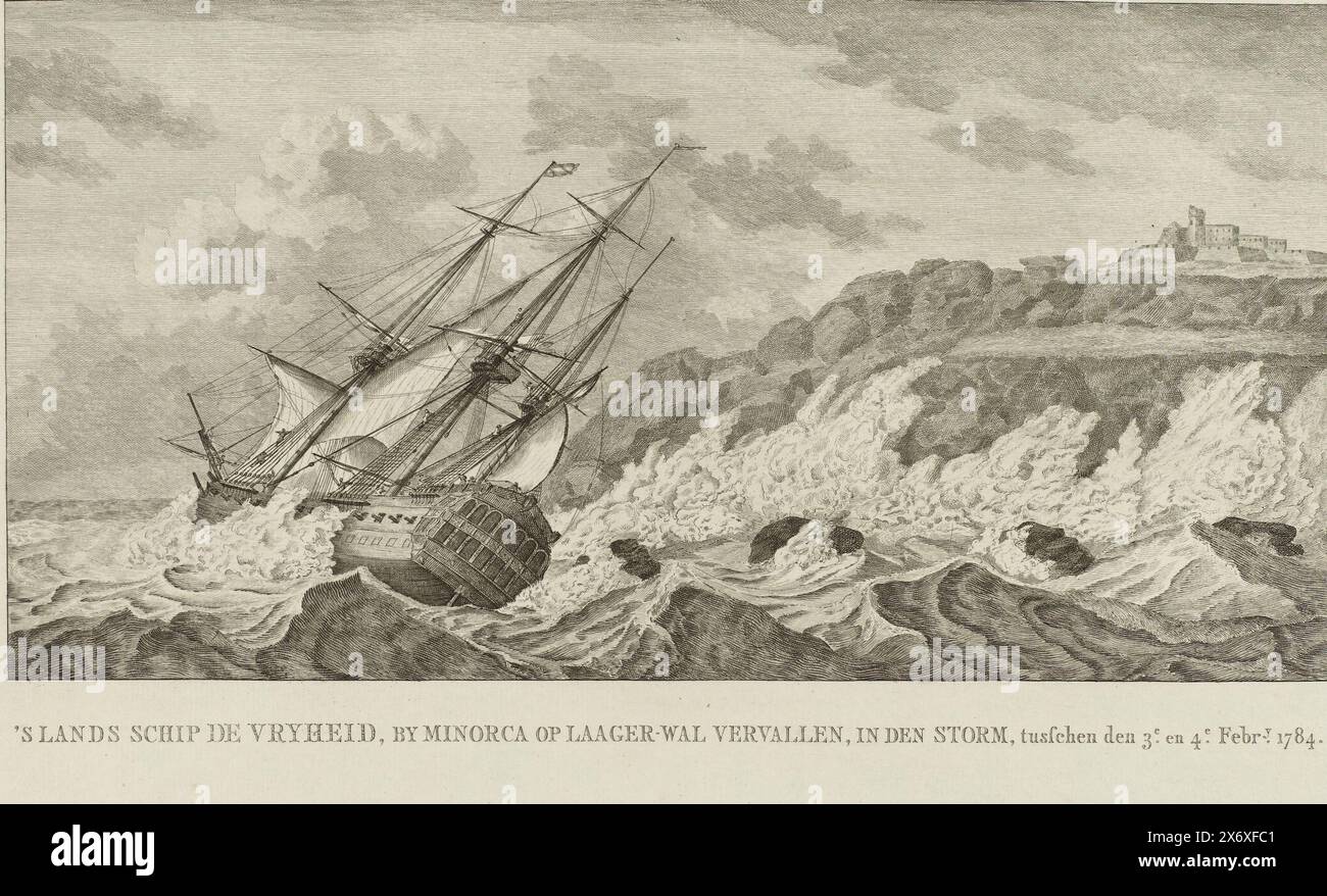 Sinking of the ship De Vrijheid, 1784, the country's ship De Vryheid, which sank onto the shore near Minorca, in the storm between the 3rd and 4th February. 1784 (title on object), Map with four plates of historical events at sea in the years 1781-1784, second series (series title), Second and Last set of Four Art Plates, depicting Vaderlandsche Historien ter Zee (series title on object), The sinking of the ship Vrijheid under the command of Vice Admiral Reynst near the island of Minorca during the storm of February 3-4, 1784. Single print in the folder with four prints of historical events Stock Photo