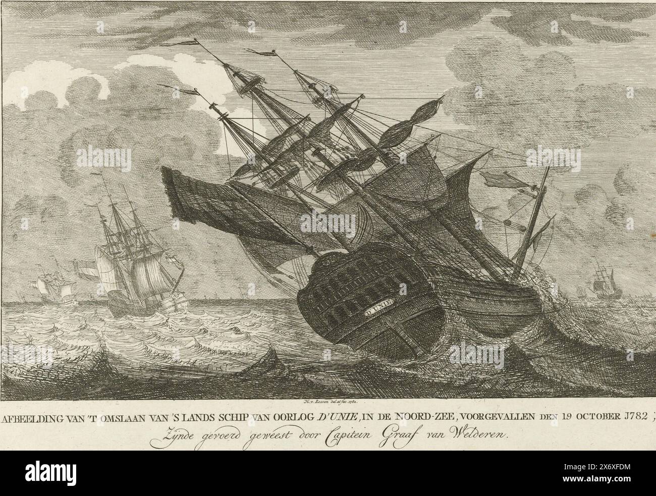 Sinking of the ship De Unie, 1782, Image of the capsizing of the country's warship De Unie, in the North Sea, which occurred on October 19, 1782; Having been conducted by Captain Graaf van Welderen (title on object), The sinking of the warship the 'Unie' under the command of captain L.M. van Welderen on the North Sea on October 19, 1782., print, print maker: Hendrik R. van Rossen, (mentioned on object), after own design by: Hendrik R. van Rossen, (mentioned on object), Northern Netherlands, 1782, paper, etching, engraving, height, 220 mm × width, 318 mm Stock Photo