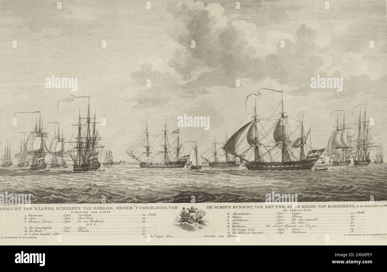 Dutch war fleet for Rammekens, 1782-1783, View of the country's ships of war, under the command of the rear admiral, Van Kruyne, on the roadstead of Rammekens, in the year 1782 and 1783 (title on object), View of the ships of the Dutch war fleet under the command of Rear Admiral Jan van Kruyne, moored at the roadstead of Fort Rammekens in Zeeland, 1782-1783. In the margin the coat of arms of Zeeland and the legend with the names of ships with the captains and the numbers of pieces., print, print maker: Mathias de Sallieth, (mentioned on object), after drawing by: Engel Hoogerheyden, ( Stock Photo