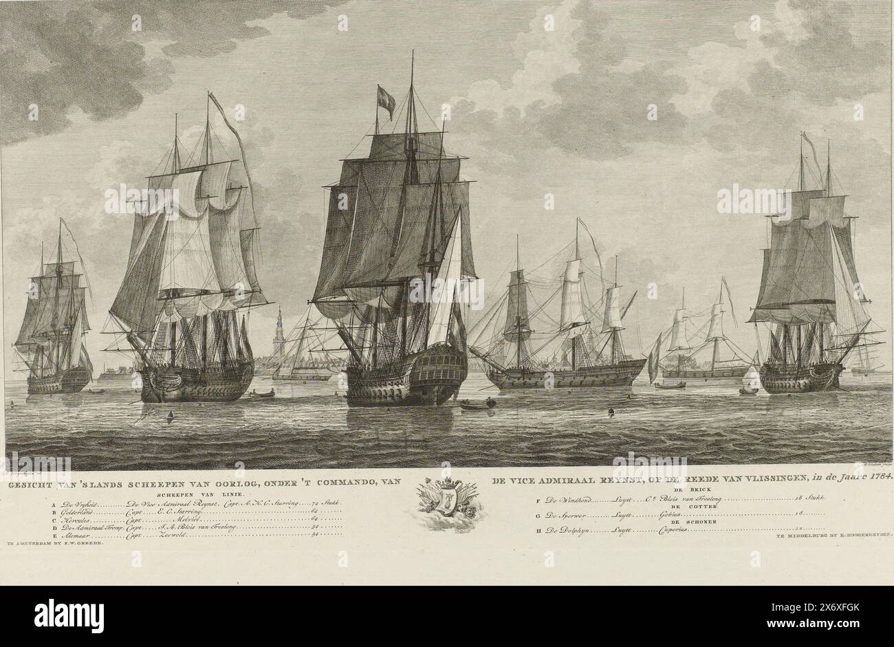 Dutch war fleet on the roadstead of Vlissingen, 1784, View of the country's ships of war, under the command of Vice Admiral Reynst, on the roadstead of Vlissingen, in the year 1784 (title on object), View of the Dutch war fleet under the command of Vice Admiral Pieter Hendrik Reynst at the Flushing Roads, 1784. In the caption the coat of arms of Vlissingen in a trophy of arms and the legend A-H with the names of the ships and their captains and numbers of pieces., print, print maker: Mathias de Sallieth, (mentioned on object), after drawing by: Engel Hoogerheyden, (mentioned on object Stock Photo