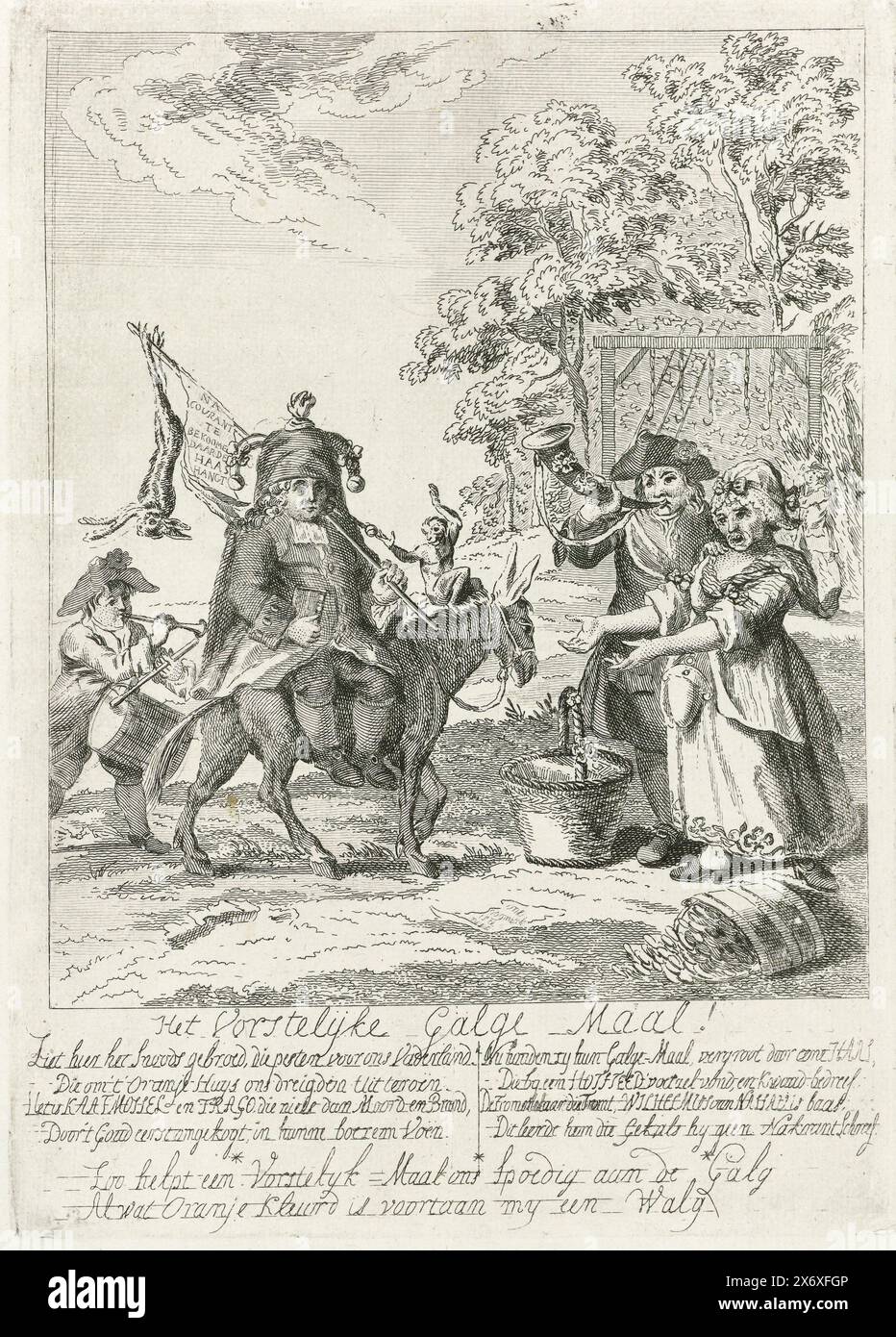 Cartoon on Kaat Mossel, Adriaan Trago and Petrus Hofstede, 1784, The Royal Galge Maal! (title on object), Cartoon on Kaat Mossel, the Leiden baker Adriaan Trago and preacher Petrus Hofstede following the publication of the Oranjegezinde Na-Courant in Rotterdam, 1784. On the left Hofstede with a fool's hood and a monkey riding on a donkey with a banner carrying a hare hangs. On the right Kaat Mossel next to an overturned bucket of mussels, Trago blowing his baker's horn. In the background a gallows with five ropes. In the caption a verse of ten lines., print, print maker: anonymous, Northern Stock Photo