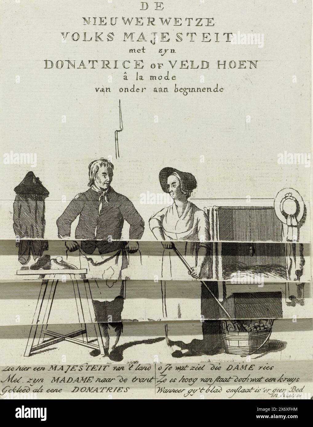 Cartoon on the civilian armament of the Patriots, 1784, The Nieuwerwetze Volks Majesteit with his Donatrice or Veld Hoen â la mode starting from the bottom (title on object), Orangist cartoon on the civilian armament of the Patriots and participation in promoting it by the Dames Donatrices, 1784. Folding print with a simple workman and workwoman who, by folding stoked paper, transform into a member of the Frei Korps and a donor of the corps. In the caption is a six-line verse., print, print maker: anonymous, Northern Netherlands, 1784, paper, etching, height, 175 mm × width, 137 mm Stock Photo