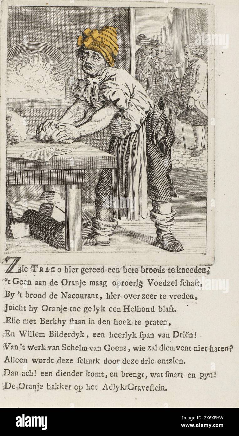 Cartoon on the Leiden baker Adriaan Trago, 1784, Cartoon on the orange-minded Leiden baker Adriaan Trago, 1784. Trago kneads the bread dough with an orange hat on his head. In the background Luzac, Bilderdijk and Berkhey are talking to each other. On the sheet under the plate a ten-line verse., print, print maker: Joannes Hulstkamp, (mentioned on object), Jan Verveer, (attributed to), publisher: Frans de Does, (mentioned on object), print maker: Northern Netherlands, publisher: Leiden, 1784, paper, etching, engraving, letterpress printing, height, 211 mm × width, 135 mm Stock Photo