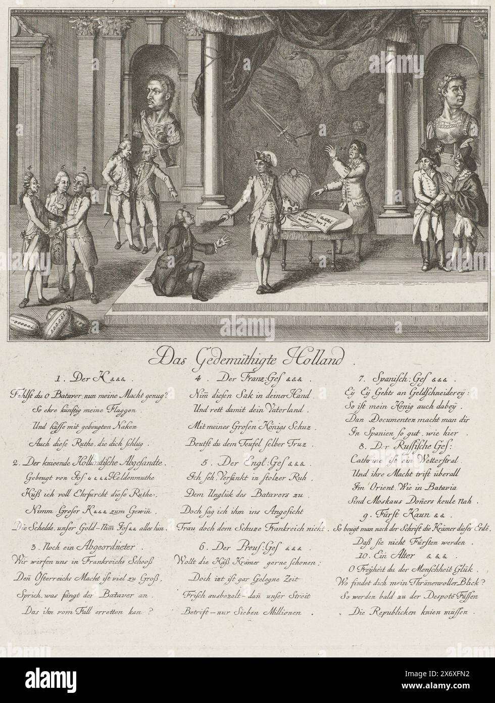 Cartoon on the Treaty of Fontainebleau, 1785, Das Gedemüthigte Holland (title on object), Cartoon on the peace concluded in Paris that ended the Cauldron War, the disputes between the Netherlands and the Austrian Emperor Joseph II, November 8, 1785. The Netherlands paid 8.5 million guilders and accepted other humiliating conditions. In the throne room, the Dutch envoy kneels before the emperor who flogs him with a rod. Envoys from other European countries on the left and right are happy about their share in the Dutch payments. In the caption a verse of 10 stanzas in German., print, print Stock Photo