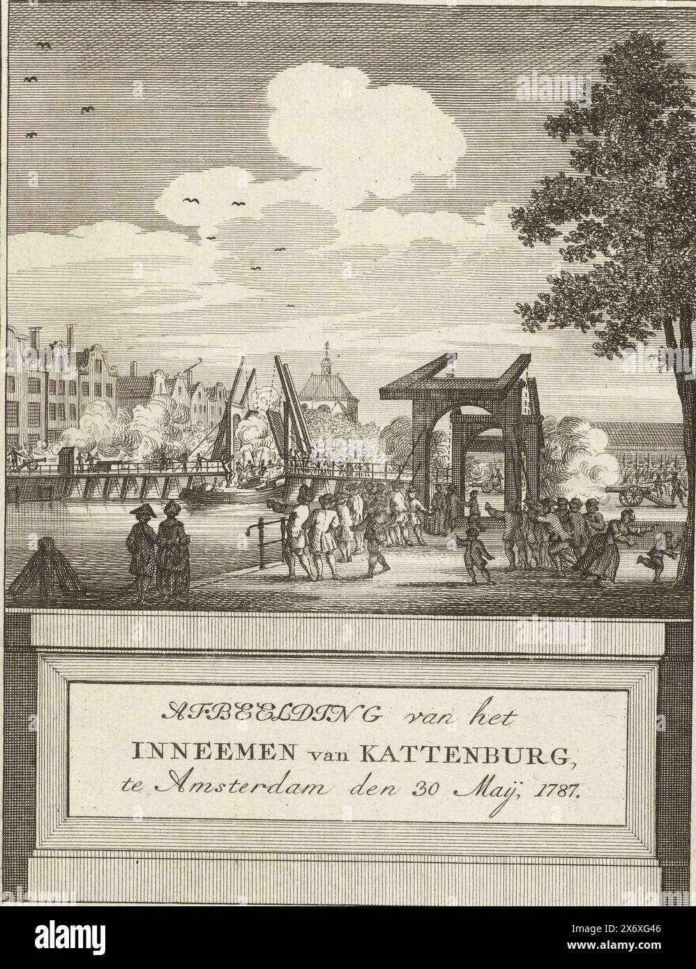 Conquest of the Kattenburger Bridge, 1787, Image of the Capture of Kattenburg, in Amsterdam on the 30th of May, 1787 (title on object), The capture of the Kattenburger Bridge to the island of Kattenburg from the rebellious Orangists by armed Amsterdam citizens, May 30, 1787. Marked at the top: In the Mercurius, August 1787. First piece. Page 40., print, print maker: anonymous, publisher: Bernardus Mourik, (mentioned on object), Northern Netherlands, 1787, paper, etching, engraving, height, 177 mm × width, 136 mm Stock Photo