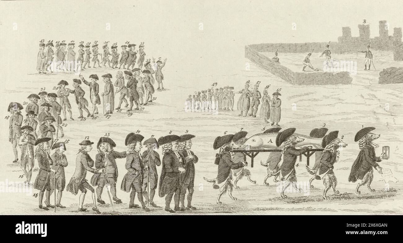 Burial of a dead salmon, 1787, Cartoon on the Rhine Count of Salm. A funeral procession in which Keeshonden carry a bier on which a deceased salmon lies. Behind the bar walks a procession of patriots identified by numbers. In the background on the right is a cemetery where Prussian soldiers are digging a grave for the fish. Following the abandonment of Utrecht by the Rhine Count and the patriots upon the approach of the Prussian troops in September 1787. The print includes a statement and a reading cedul., print, print maker: anonymous, Northern Netherlands, 1787, paper, etching, engraving Stock Photo
