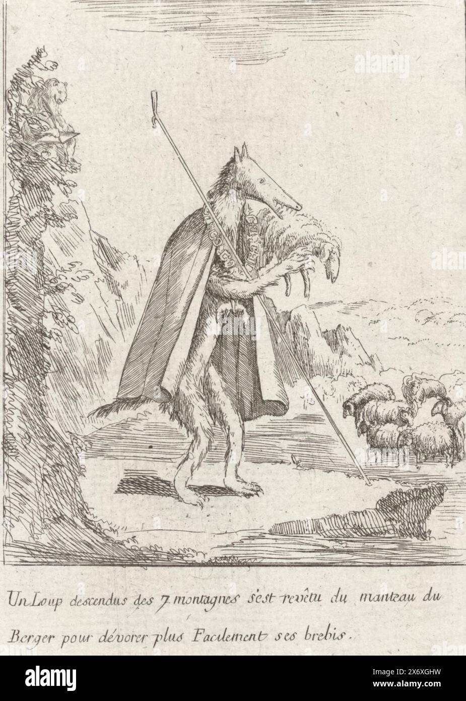 Joseph II as a wolf devouring a sheep, Brabant Revolution, 1787-1790 (series title), Cartoon of the Austrian Emperor Joseph II, here in the guise of a wolf with the insignia of the Golden Fleece disguised as a shepherd on the about to devour a sheep. Related to August 12, 1789. With 2-line caption in French. Part of a large group of prints relating to the events of the Brabant Revolution and the period 1787-1790., print, print maker: anonymous, Southern Netherlands, 1787 - 1790, paper, etching, height, 174 mm × width, 108 mm Stock Photo