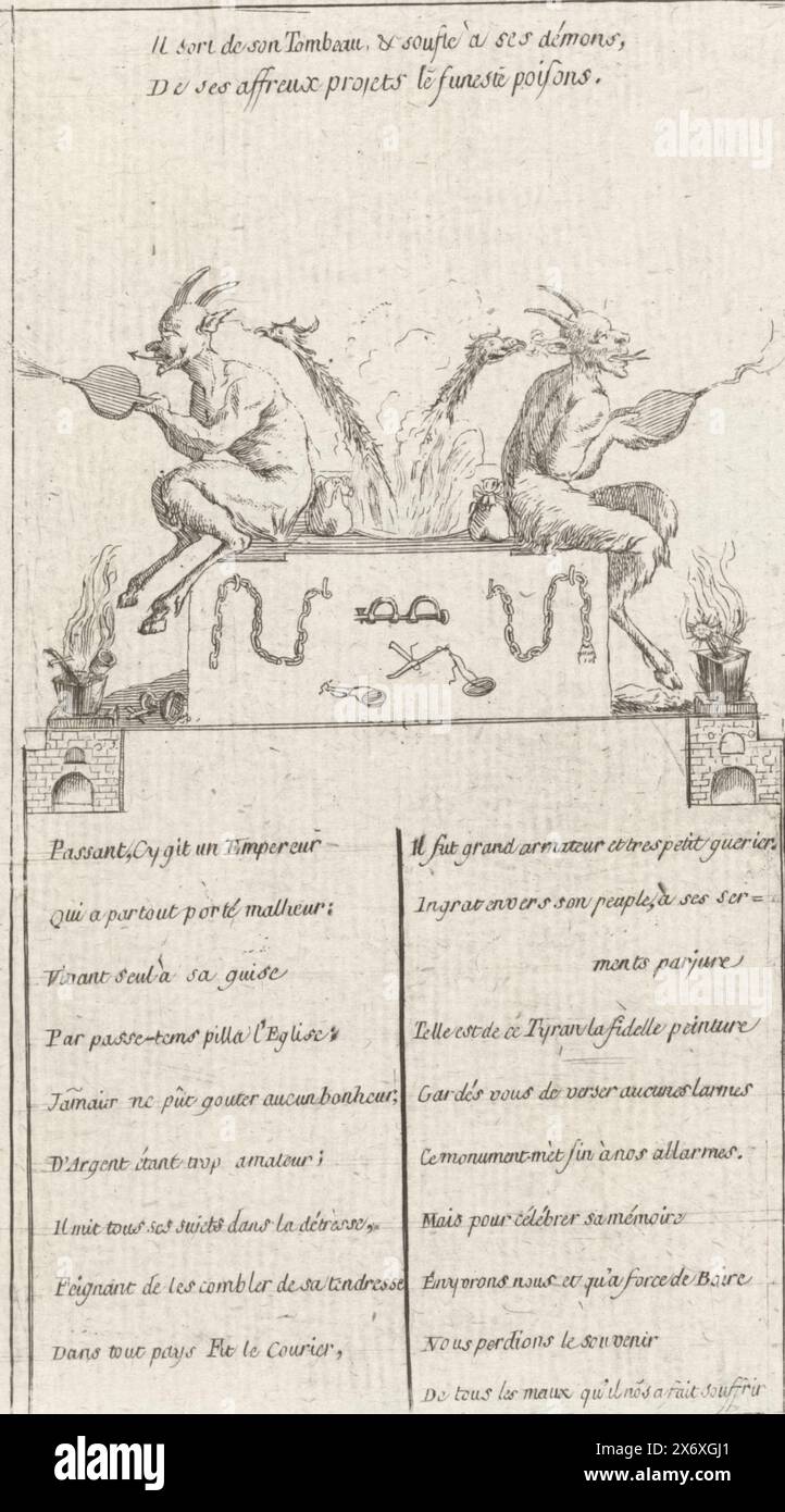 Devils on the Austrian smelting furnace, Brabant Revolution, 1787-1790 (series title), Cartoon with two devils with bellows sitting on a smelting furnace. Two eagle heads whisper in their ears. Church jewelry is melted down in the ovens. Related to August 1789. With verse of 18 lines in French. Part of a large group of prints relating to the events of the Brabant Revolution and the period 1787-1790., print, print maker: anonymous, Southern Netherlands, 1787 - 1790, paper, etching, engraving, height, 174 mm × width, 100 mm Stock Photo