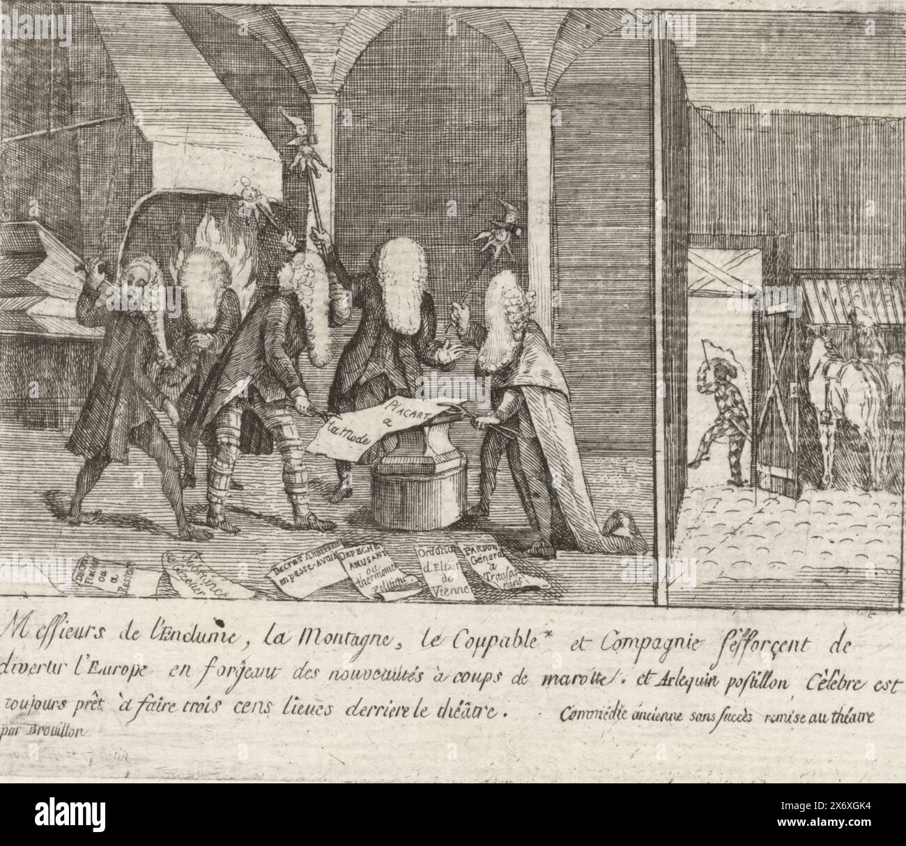 Forging the placard, Brabant Revolution, 1787-1790 (series title), Cartoon in which three men with large wigs and turned away heads forge a placard on an anvil. There are more documents on the floor. With 3-line caption in French. Part of a large group of prints relating to the events of the Brabant Revolution and the period 1787-1790., print, print maker: anonymous, Southern Netherlands, 1787 - 1790, paper, etching, height, 116 mm × width, 139 mm Stock Photo