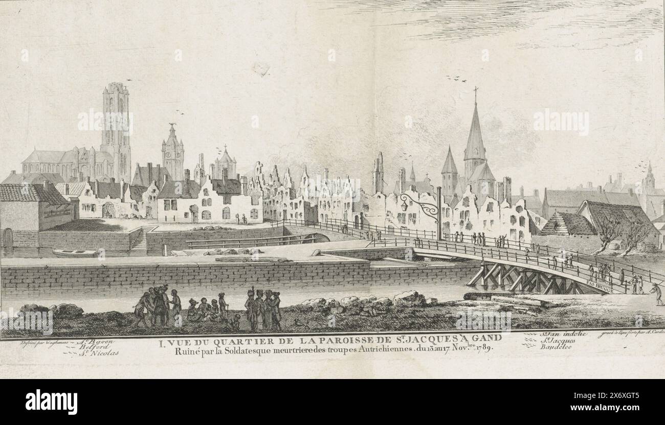 Ruins in Ghent after the mutiny of Austrian troops, 1789, I. Vue du Quartier de la Paroisse de St. Jacques à Gand, Ruiné par la Soldatesque meurtrieredes troupes Autrichiennes du 13. au 17. Nov.bre 1789 (title on object), Cityscape of Ghent, with the destruction in the Sint-Jacobs district caused by mutinous Austrian troops, November 13-17, 1789, at the time of the Brabant revolution. In the caption, the legend shows numbers of birds instead of numbers or letters., print, print maker: Antoine Alexandre Joseph Cardon, (mentioned on object), after drawing by: Waghemans, (mentioned on object Stock Photo