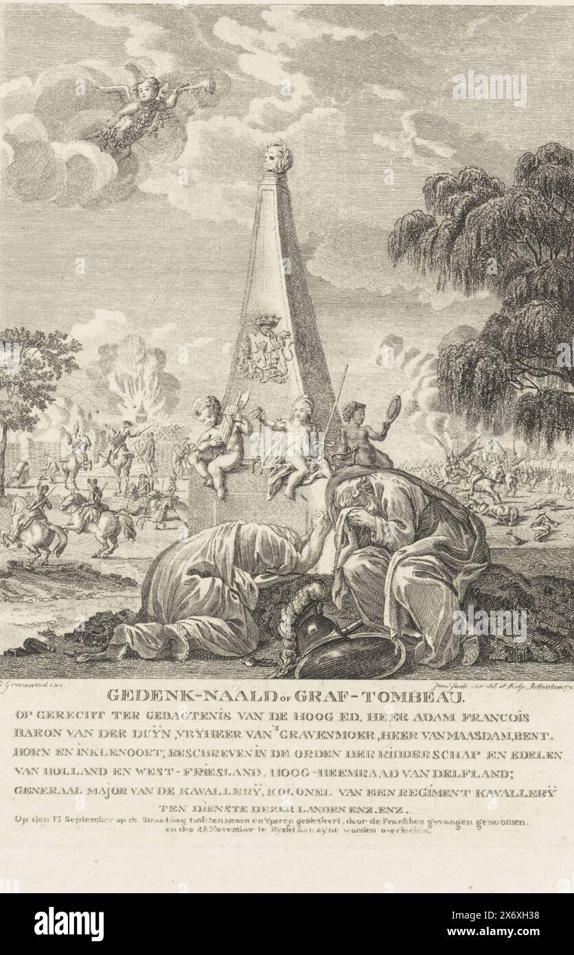 Memorial Needle for A.F. Baron van der Duyn, 1793, Memorial Needle or Grave Tombeau. On court in memory of (...) Adam Francois Baron van der Duijn (...) (title on object), Allegorical grave monument for Major General Adam François van der Duyn, injured on the Straatweg between Yperen and Menen, by captured by the French and died of his wounds in Lille (Rijssel) on November 28. In front of a grave needle two mourning figures bent over, Constitution and Patriotism. In the air the Fame with a trumpet. Various fights in the background. The picture includes an explanation., print, print maker Stock Photo
