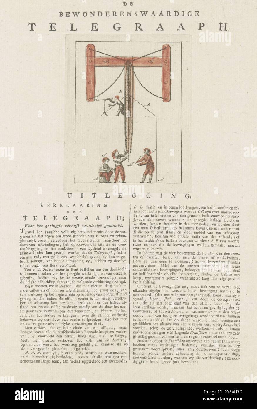 Explanation of the operation of a new French semaphore, 1794, De Admirable Telegraaph (title on object), Sheet about the operation of a new French semaphore or optical telegraph, 1794. At the top a representation, below the explanation in two columns., print, print maker: anonymous, Northern Netherlands, 1794, paper, etching, letterpress printing, height, 287 mm × width, 222 mm Stock Photo