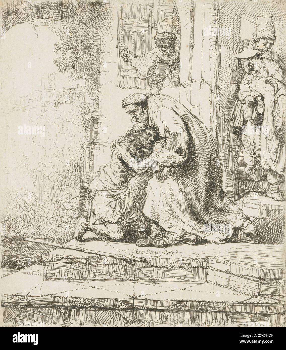 The return of the prodigal son: he kneels before his father on the steps of his parental home. Two figures in the doorway, a third looking out the window., print, print maker: Rembrandt van Rijn, (mentioned on object), after own design by: Rembrandt van Rijn, 1636, paper, etching, height, 156 mm × width, 136 mm Stock Photo