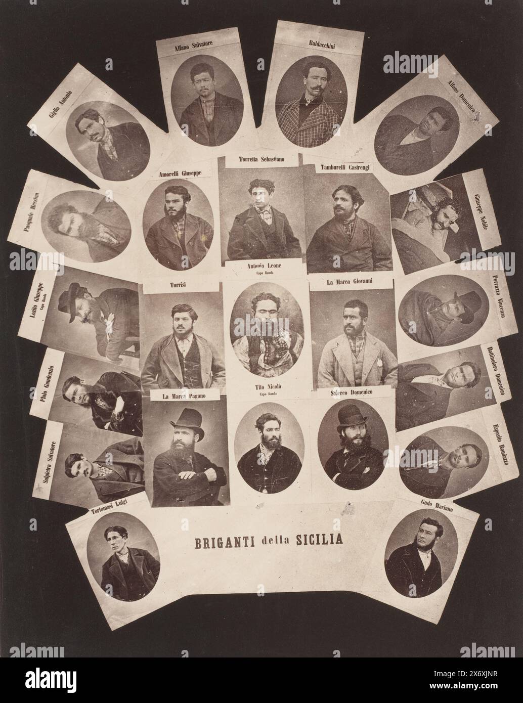 Collage with 23 portraits of Sicilian bandits, Briganti della Sicilia (title on object), photocollage, anonymous, Sicilië, 1878 - 1880, cardboard, albumen print, height, 385 mm × width, 309 mm Stock Photo