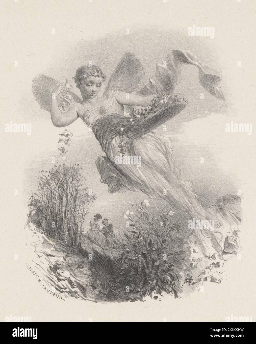 Elf or fairy scatters flowers, in the background a couple in love, print, print maker: Célestin François Nanteuil, (mentioned on object), 1823 - 1873, paper, height, 361 mm × width, 272 mm Stock Photo