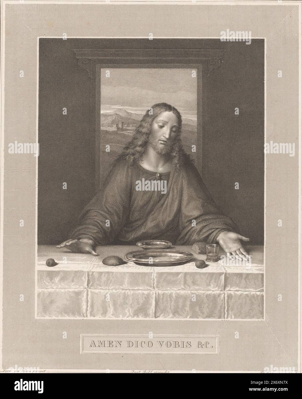 Christ at the Last Supper, Amen dico vobis (title on object), print, print maker: Friedrich Wagner, (mentioned on object), after painting by: Leonardo da Vinci, (mentioned on object), publisher: Bibliographisches Institut, (mentioned on object), print maker: Germany, after painting by: Milaan, 1811 - after 1850, paper, steel engraving, height, 428 mm × width, 340 mm Stock Photo