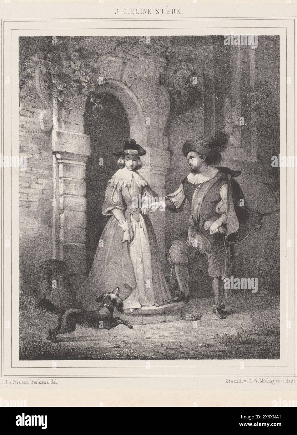 Young couple and dog at a door, both figures wear seventeenth-century ...