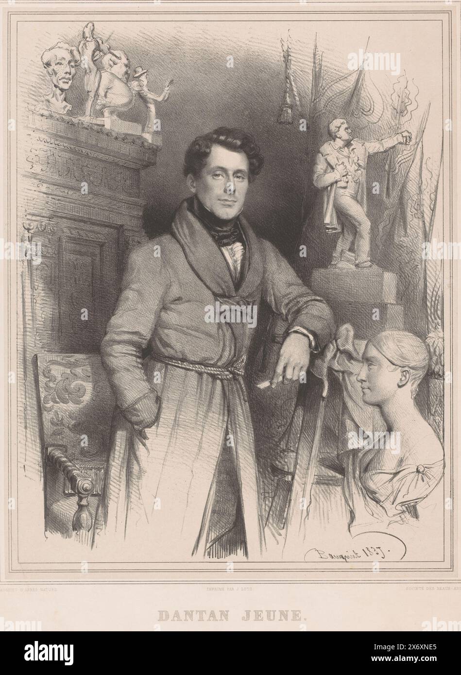Portrait of Jean-Pierre Dantan, Dantan jeune (title on object), print, print maker: Charles Baugniet, (mentioned on object), after own design by: Charles Baugniet, (mentioned on object), printer: J. Lots, (mentioned on object), Brussels, 1837, paper, height, 552 mm × width, 410 mm Stock Photo