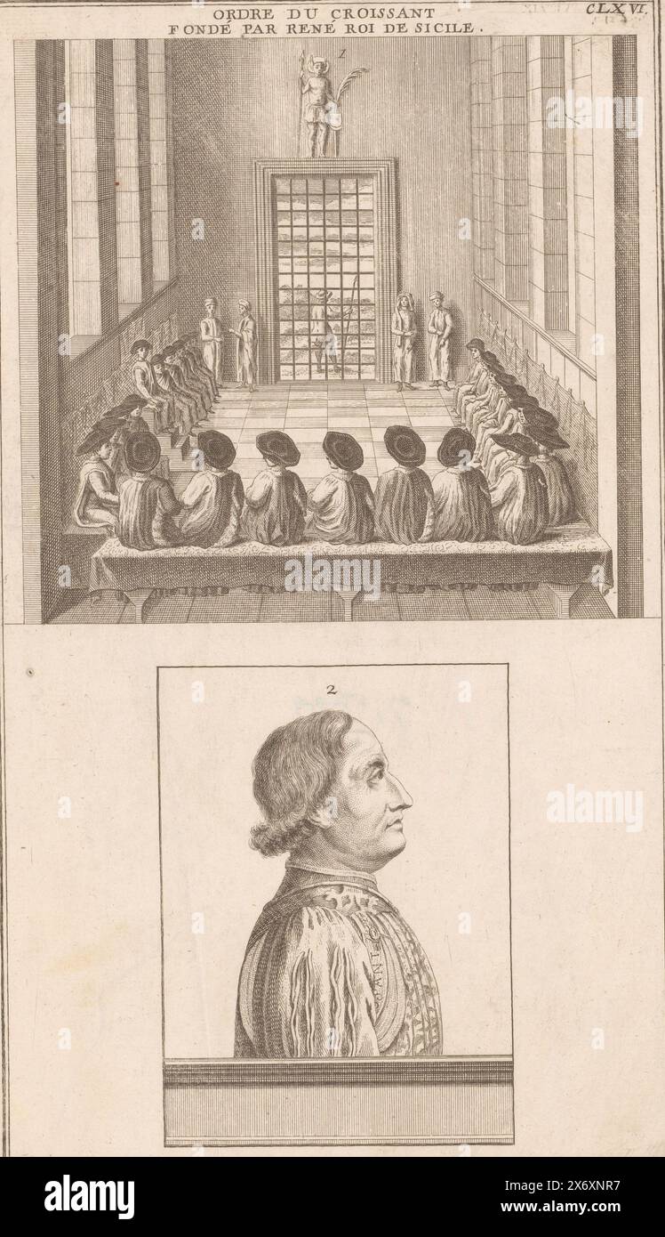 Overview of a meeting of the Order of the Waxing Moon, with a portrait of Jean Cossa below, print, print maker: Dominique Sornique, (attributed to), publisher: Pierre François Giffart, publisher: Julien-Michel Gandouin, Paris, 1729 - 1733, paper, engraving, etching, height, 334 mm × width, 195 mm Stock Photo