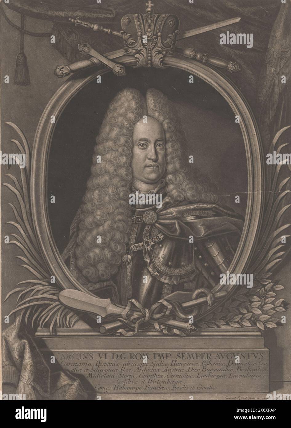Portrait of Charles VI, Emperor of the Holy Roman Empire, print, print maker: Gabriel Spitzel, (mentioned on object), publisher: Gabriel Spitzel, (mentioned on object), Augsburg, 1711 - 1760, paper, height, 497 mm × width, 362 mm Stock Photo