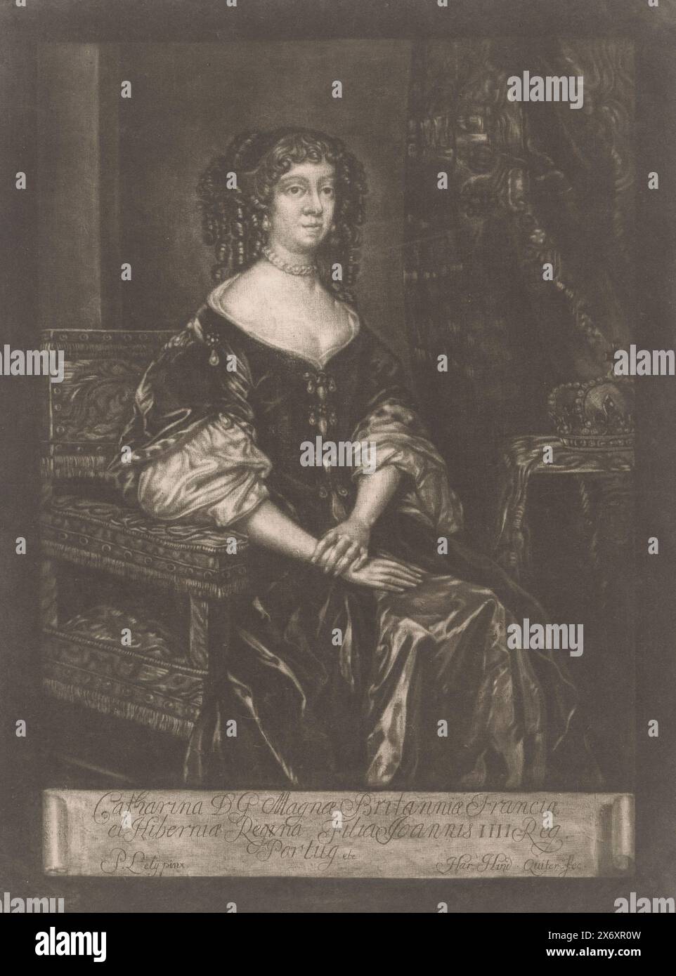 Portrait of Catherine of Braganza, Queen of England, print, print maker: Herman Hendrik de Quiter (I), (mentioned on object), after painting by: Peter Lely (Sir), (mentioned on object), 1662 - 1708, paper, height, 334 mm × width, 250 mm Stock Photo
