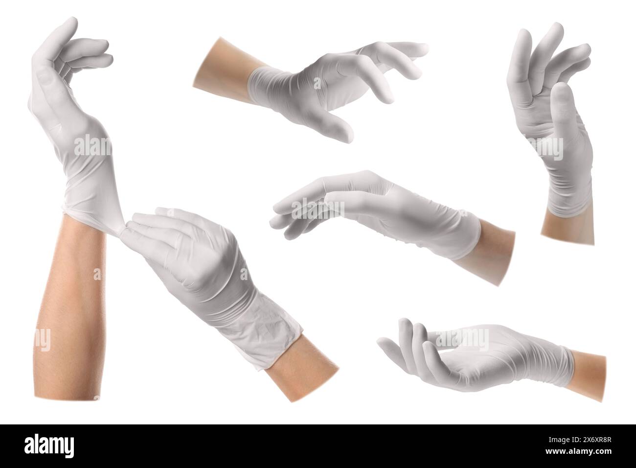 Woman wearing medical gloves on white background, closeup. Collage of photos Stock Photo