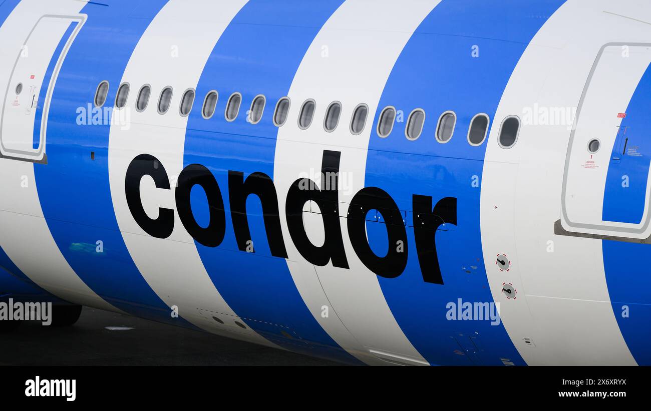 Seatac, WA, USA - March 4, 2024; Condor A330-900 aircraft  in blue and white candy striped livery with name Stock Photo