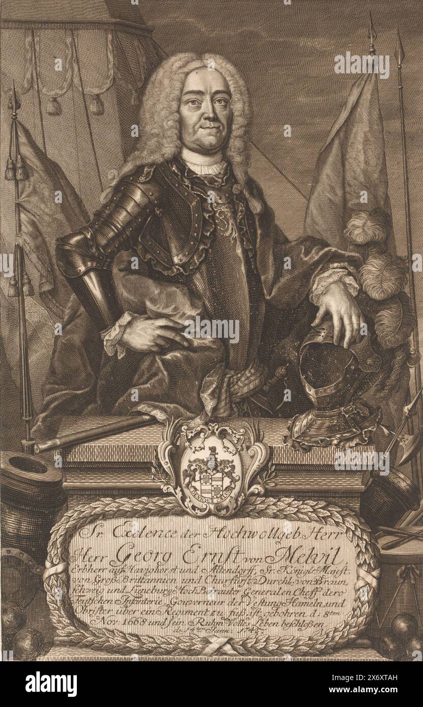 Portrait of Georg Ernst von Melvill, print, print maker: Christian Fritzsch, (mentioned on object), Karel Frederik (hertog van Schleswig-Holstein-Gottorp), (mentioned on object), Schiffbeck, 1742 - 1769, paper, engraving, height, 334 mm × width, 216 mm Stock Photo