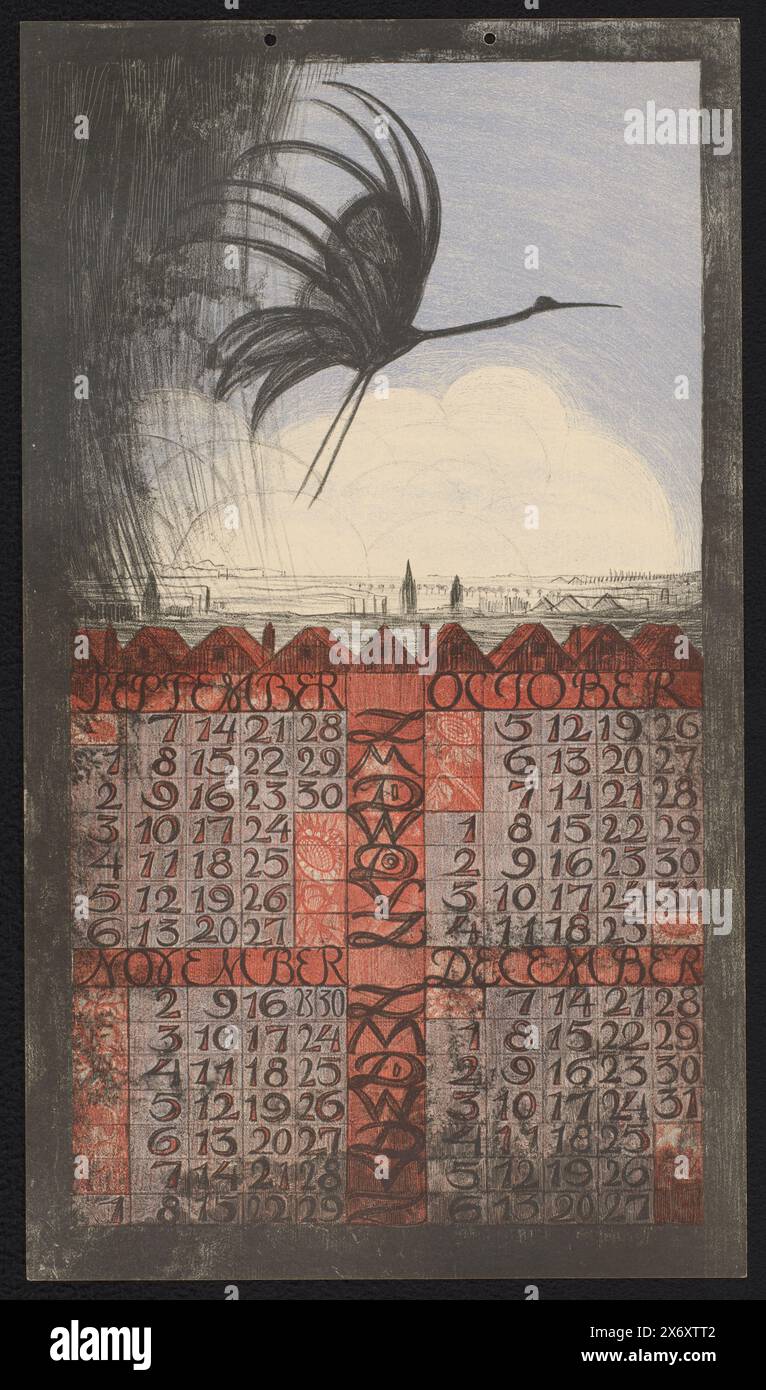 Calendar sheet for September to December 1924, A bird flying overhead with a landscape below with roofs, church towers and smoking chimneys., print, print maker: Leo Visser, after own design by: Leo Visser, printer: Dieperink & Co., Amsterdam, 1923, paper, height, 477 mm × width, 273 mm Stock Photo