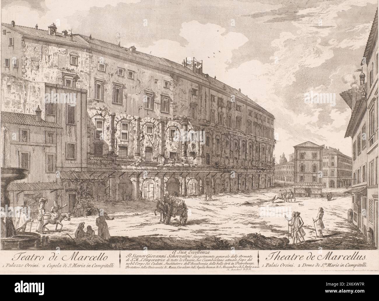 View of the Theater of Marcellus, Teatro di Marcello / Theater de Marcellus (title on object), print, print maker: Jean Barbault, (attributed to), publisher: J. Bouchard & J.J. Gravier, J. Bouchard & J.J. Gravier, (mentioned on object), print maker: France, publisher: Rome, 1761, paper, etching, height, 395 mm × width, 550 mm Stock Photo