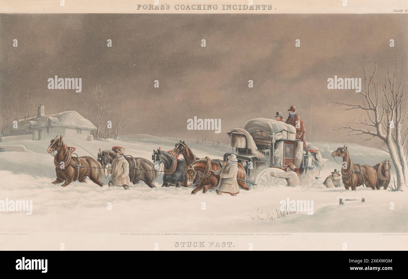 Carriage stuck in the snow, Stuck Fast (title on object), Incidents with carriages (series title), Fores's coaching incidents (series title on object), print, print maker: Edward Duncan, (mentioned on object), after painting by: Charles Cooper Henderson, (mentioned on object), publisher: George Thomas & Arthur Blücher Fores, (mentioned on object), publisher: London, publisher: Paris, Nov-1843, paper, height, 388 mm × width, 642 mm Stock Photo