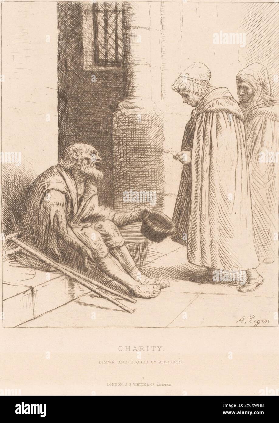 Beggar on a staircase, Charity (title on object), print, print maker: Alphonse Legros, (mentioned on object), after own design by: Alphonse Legros, (mentioned on object), publisher: Virtue & Co., (mentioned on object), London, 1837 - 1911, paper, drypoint, engraving, height, 327 mm × width, 218 mm Stock Photo