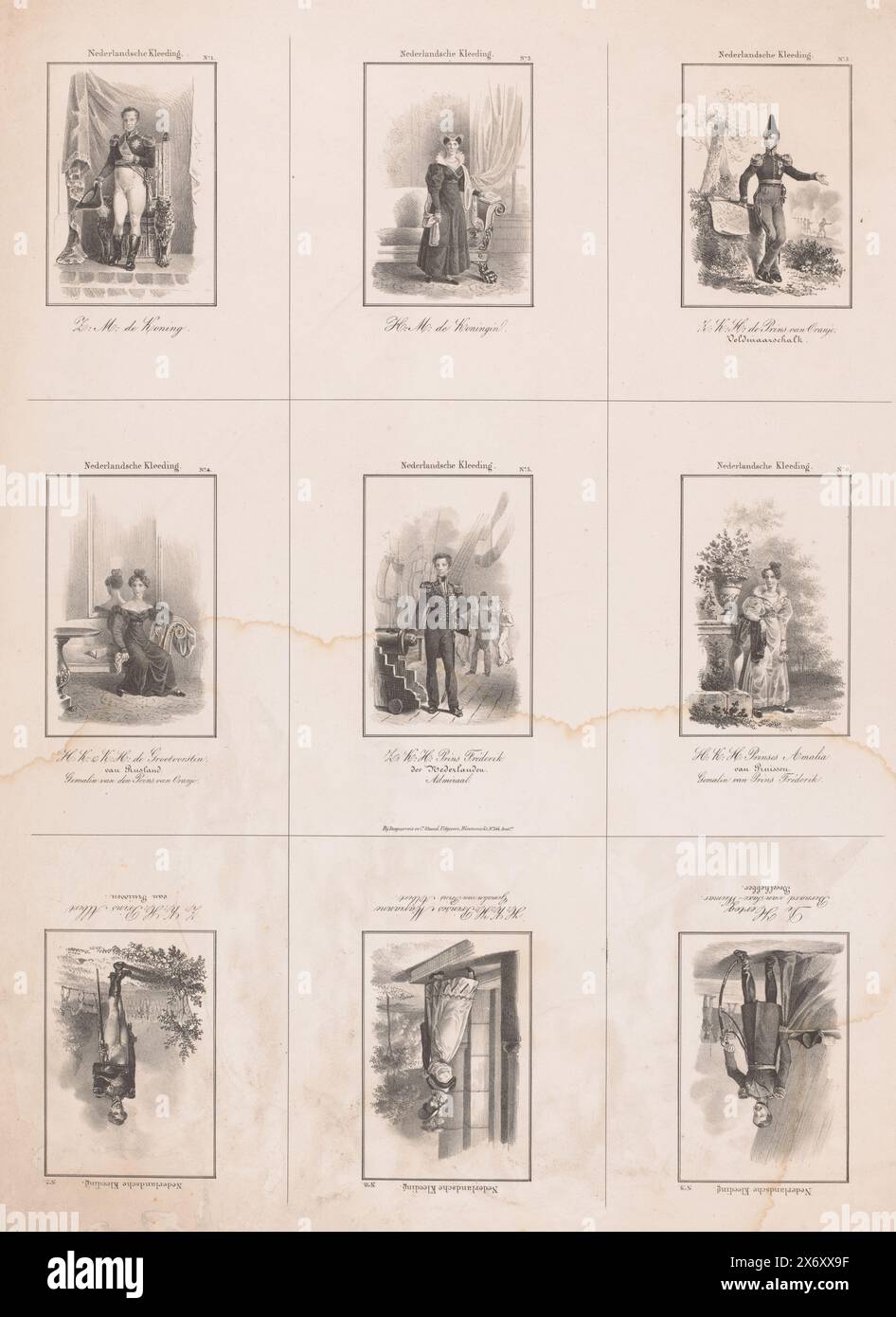 Clothing of the Dutch royal family, Nederlandsche Kleeding (series title on object), Nine figures are depicted: King Willem I at his throne, Queen Wilhelmina of Prussia at a sofa, King Willem II outside in military costume with a map, Queen Anna Paulowna sitting on a bench, Prince Frederick of Orange-Nassau on a ship near a cannon, Princess Louise of Prussia in a garden, Prince Albert of Prussia in military costume, Princess Marianne going outside, Charles Bernhard of Saxe-Weimar-Eisenach in a army camp. The bottom three figures are depicted upside down. All performances are numbered. Below Stock Photo