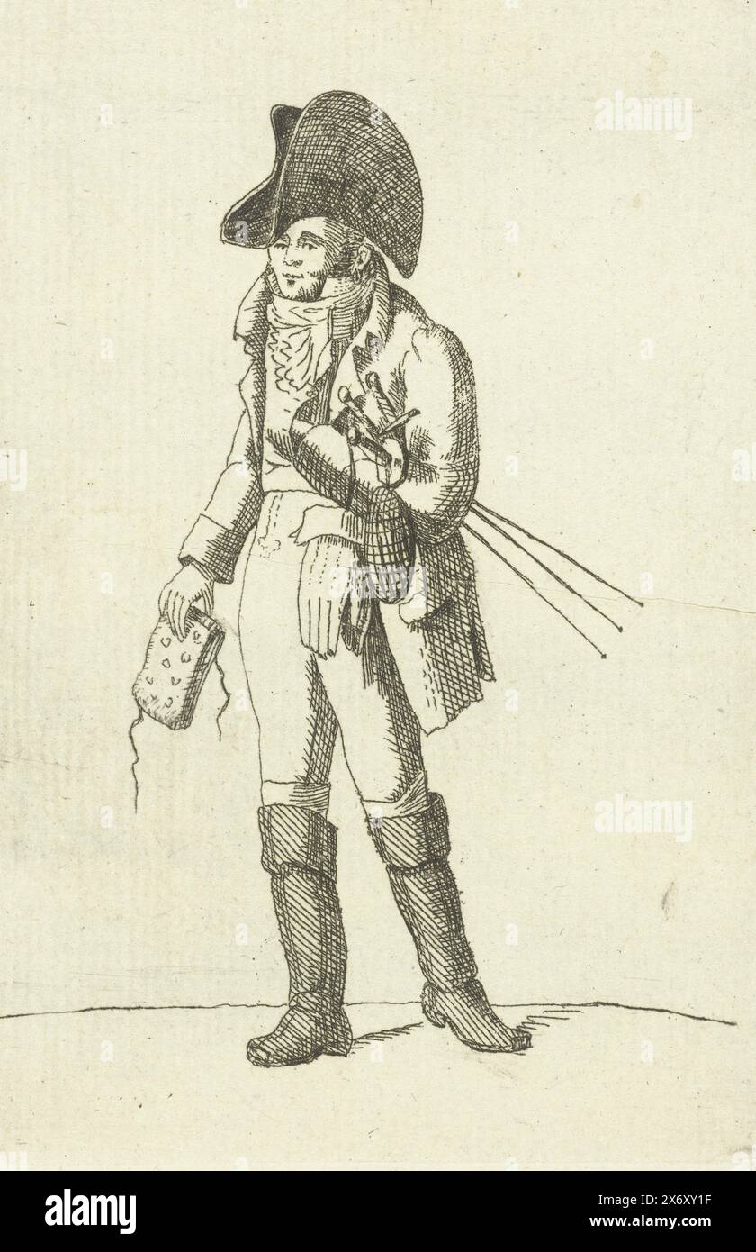 Standing man dressed for fencing, with three swords under his arm, Standing figures (series title), print, print maker: Anthonie van den Bos, Netherlands, 1778 - 1838, paper, etching, height, 120 mm × width, 80 mm Stock Photo