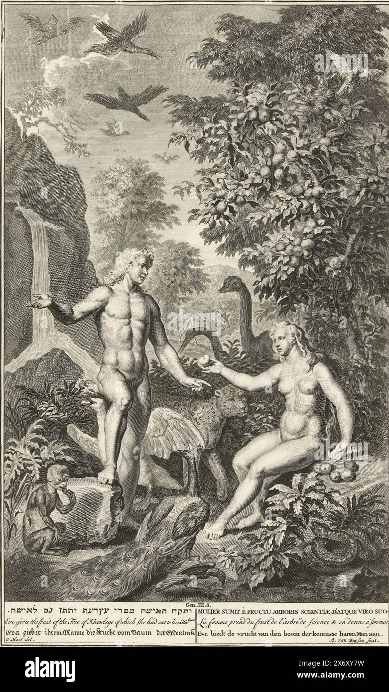 The temptation of Adam and Eve in paradise, Eve offers the fruit of the ...