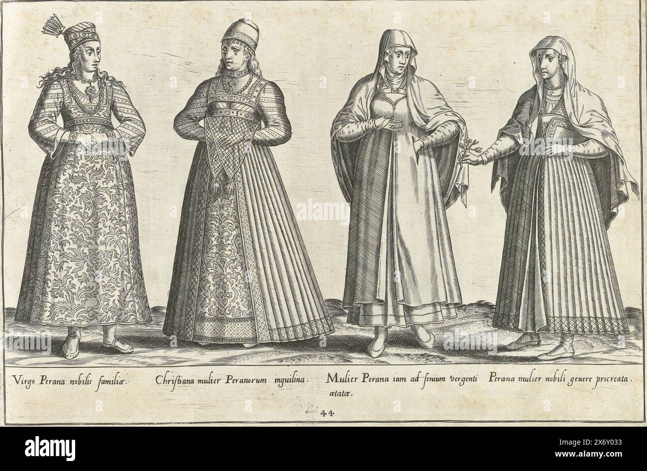 Four Persian women, dressed according to the fashion of ca. 1580, Print from the book 'Omnium pene Europae, Asiae, Aphricae atque Americae gentium habitus...', 1581. The print is part of an album., print maker: Abraham de Bruyn, publisher: Abraham de Bruyn, in or before 1581, paper, engraving, height c. 265 mm × width c. 360 mm Stock Photo