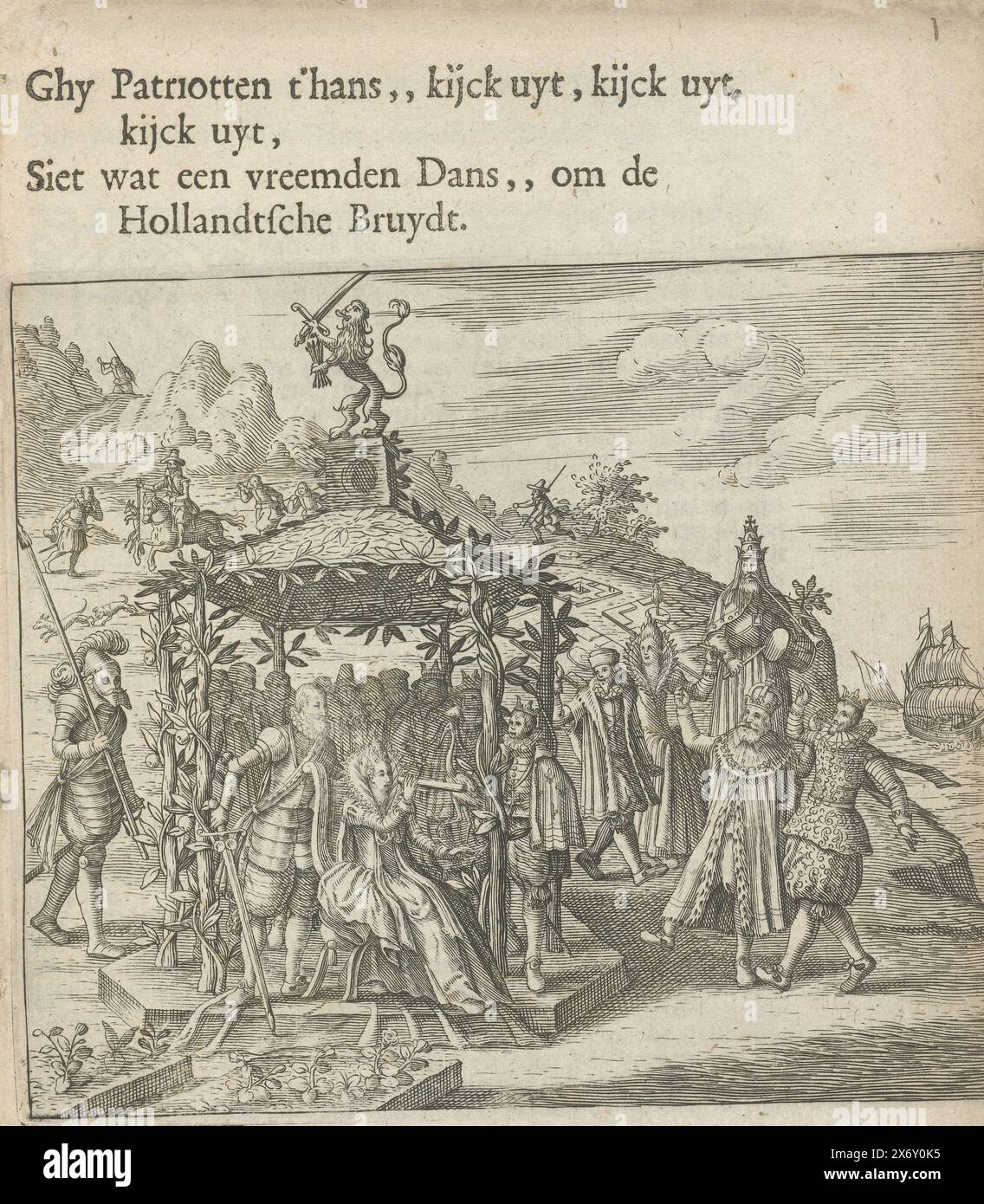 Title page of the pamphlet Ghy Patriotten t'hans, kijck uyt, kijck uyt, kijck uyt, Siet wat een strange Dans, om de Hollandtsche Bruydt, 1615, Title page of the pamphlet Ghy Patriotten t'hans, kijck uyt, kijck uyt, kijck uyt, Siet what a strange Dance, om de Hollandtsche Bruydt, 1615. Allegory on the situation in the Netherlands in the year 1615 with a call to remain vigilant. The Dutch Virgin (Belgica) sits in a bower decorated with vines on which apples (of Orange) grow. She has binoculars in one hand and a crane in the other. Behind her stands Prince Maurits with his sword drawn. On the Stock Photo