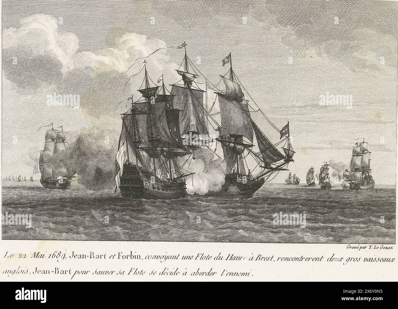 Jan Bart attacks two English ships, 1689, Le 22 Mai 1689, Jean-Bart et Forbin, convoyant une Flote du Havre à Brest, rencontrerent deux gros vaisseaux anglois, Jean-Bart pour sauver sa Flote se décide à aborder l'ennemi ( title on object), Recueil des combats de Jean-Bart, chef d'Escadre sous Louis XIV (series title), Jan Bart and Forbin escort a French convoy from Le Havre to Brest and attack two English ships, 22 May 1689. Part of a series about the actions of the Flemish privateer in French service Jan Bart., print, print maker: Yves Marie Le Gouaz, (mentioned on object), publisher: Yves Stock Photo