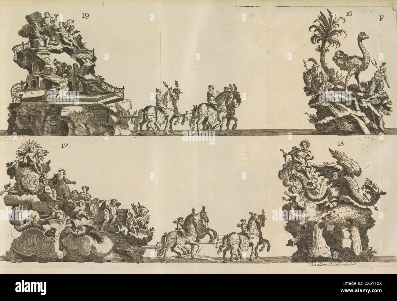 Sheet F: ninth and tenth float, 1767, Sheet F with the ninth and tenth float and the eighth and ninth animal. Ninth triumphal chariot with the allegorical representation of the element Air (below). Eighth animal: ostrich. Tenth triumphal chariot with the allegorical representation of the element Fire (above). Ninth animal: dragon. Marked: F/16-19. Part of the parade during the celebration on May 30, 1767 of the 700th anniversary of Saint Macarius, patron of the city of Ghent and patron saint against the plague., print, print maker: Lieven Wouters, (mentioned on object), Ghent, 1767, paper Stock Photo