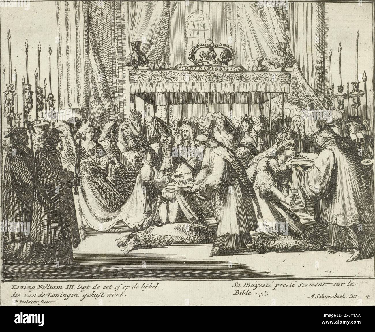 William III takes the oath during the coronation, 1689, King William III places the food or on the Bible that is kissed by the Queen (title on object), Engelant's sheriff's theater depicting the Glorieuse crowning William III and Maria II as King and Queen of great Brittany and Vrankryk and Yrlant, etc. II Part. (series title on object), During the coronation ceremony, William III takes the oath on the Bible, Mary kisses the Bible, April 21, 1689. Numbered at the top right: 208. Plate P in the series 'English theater' about the Glorious Revolution 1688-1689 (second part). With captions in Dutc Stock Photo